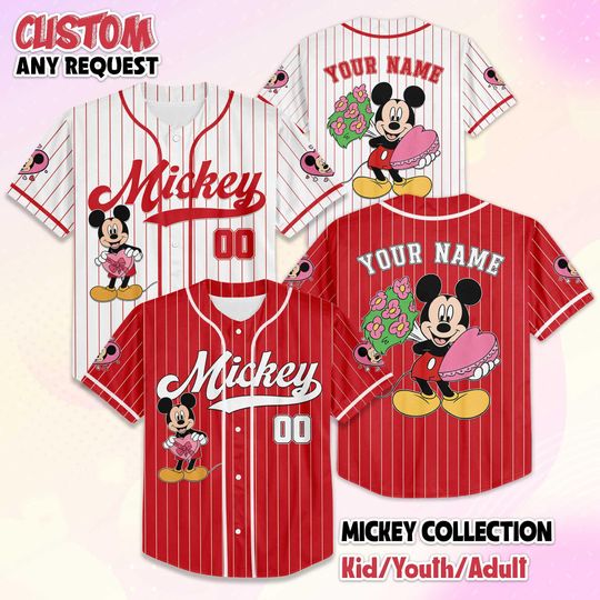 Discover Personalize Mickey Mouse Valentines Day Baseball Jersey, Custom Disney Valentines Day Jersey Shirt