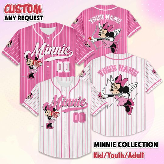 Discover Personalize Minnie Mouse Valentines Day Baseball Jersey, Custom Disney Valentines Day Jersey Shirt