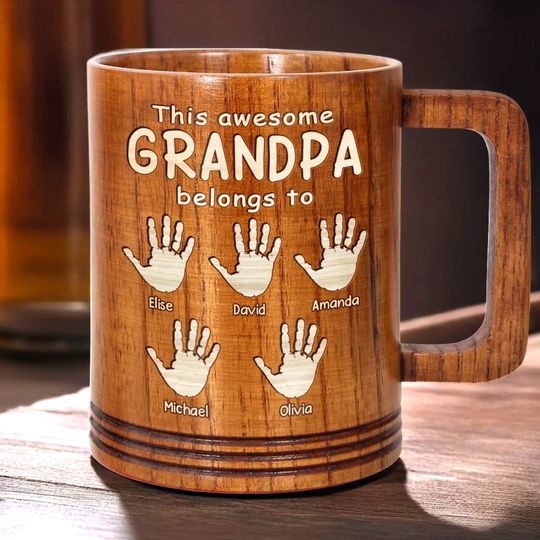 Personalized This Awesome Grandpa Belongs To His Crew Wooden Mug, Father's Day, Gift For Dad, Grandpa