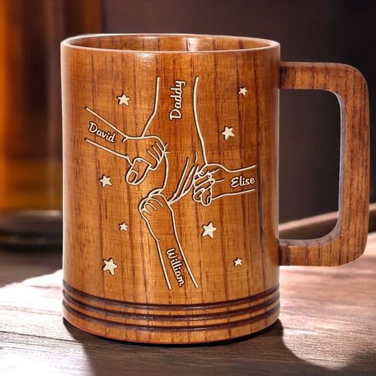 Personalized Held By Love, Bound By Heart Wooden Mug, Father's Day, Gift For Dad, Grandpa