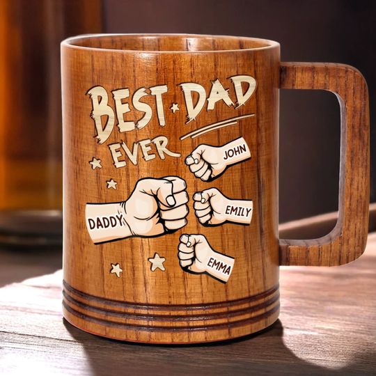 Personalized Built On Fist Bumps & Love Wooden Mug, Father's Day, Gift For Dad, Grandpa