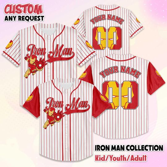 Personalized Iron Man Baseball Jersey, Iron Man Movie Jersey Shirt, Custom Iron Man Jersey, Gift for Marvel Fans, Superhero Shirt