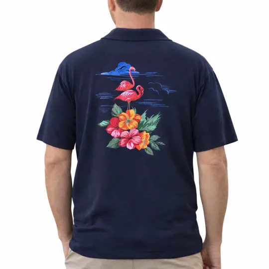 Discover Edition Express Shirt Mens Large Blue Flamingo Embroidered Hawaiian Tropical