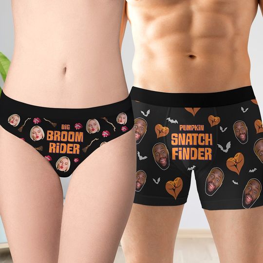 Custom Photo Gifts For Couple Boxer Briefs Halloween Pumpkin