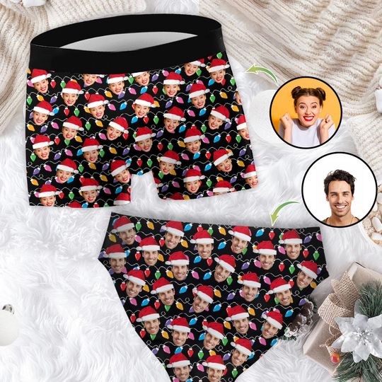 Discover Any Photo Upload Colorful Christmas Light - Personalized Couple Women Briefs & Men Boxer Briefs