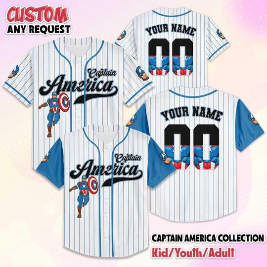 Discover Personalized Captain America Baseball Jersey, Custom Disney Captain America Baseball Shirt, Matching Disney Trip Outfit, Gift for Marvel Fan