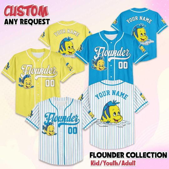 Discover Personalized Flounder Baseball Jersey, Disney The Little Mermaid Baseball Shirt, Matching Disney Trip Outfit, Disneyland Birthday Gift