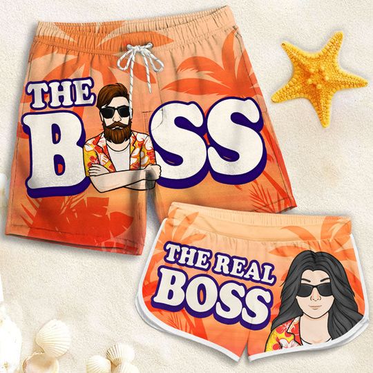 Discover Boss & The Real Boss - Personalized Couple Beach Shorts - Gift For Couples, Husband Wife