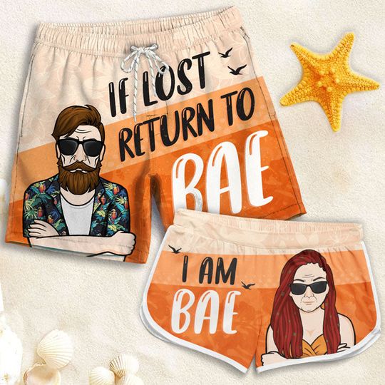 If Lost, Return To Bae - Personalized Couple Beach Shorts - Gift For Couples, Husband Wife