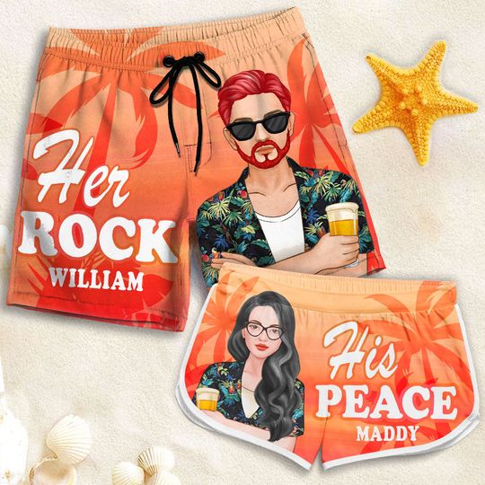 Discover Her Rock His Peace - Personalized Couple Beach Shorts - Gift For Couples, Husband Wife