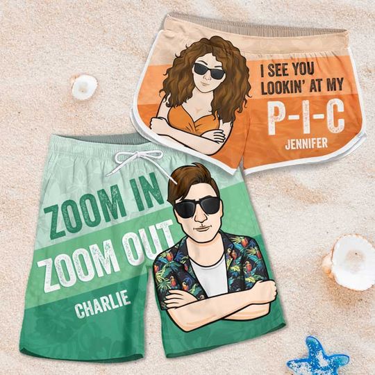 I See You Lookin' At My PIC - Personalized Couple Beach Shorts - Gift For Couples, Husband Wife