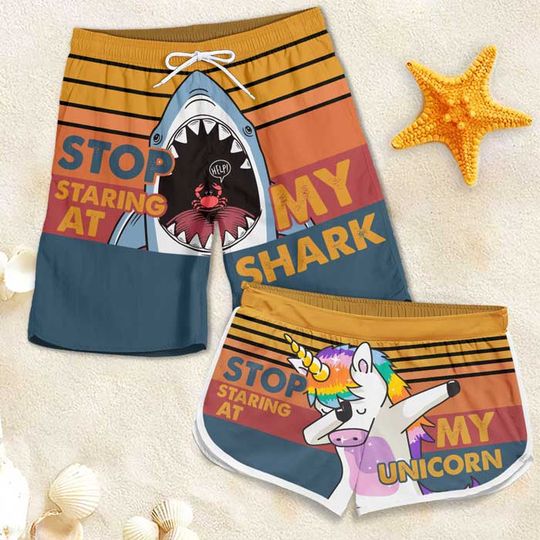 Stop Staring At My Unicorn - Personalized Couple Beach Shorts - Gift For Couples, Husband Wife