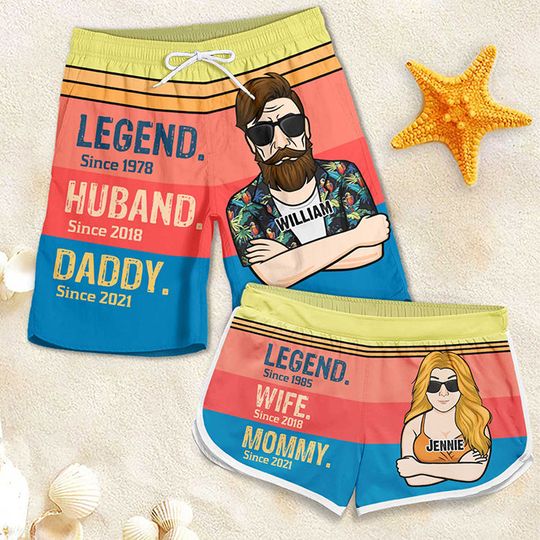 Legend Husband Wife Dad Mom - Personalized Couple Beach Shorts - Gift For Couples, Husband Wife