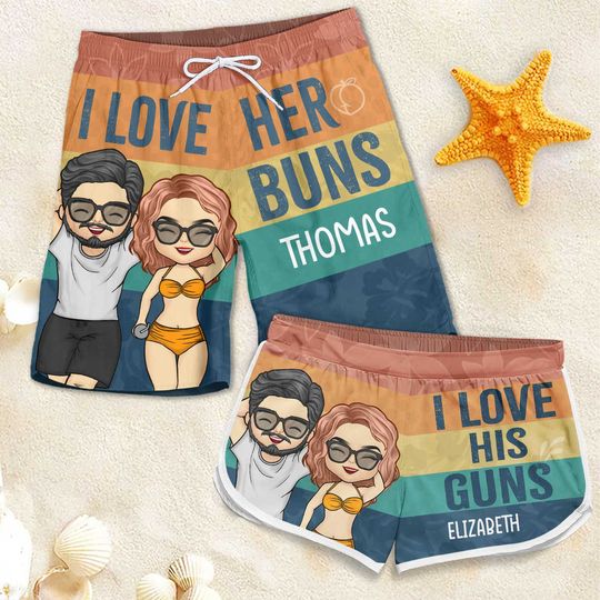 Love Her Buns His Guns - Personalized Couple Beach Shorts - Gift For Couples, Husband Wife