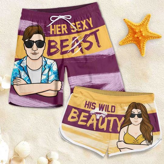 Her Sexy Beast, His Wild Beauty - Personalized Couple Beach Shorts - Gift For Couples, Husband Wife