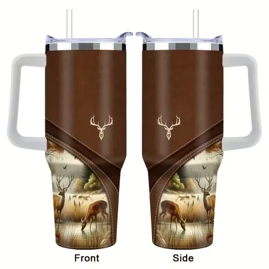 Discover 40oz Deer Insulated Stainless Steel Tumbler With Handle Straw