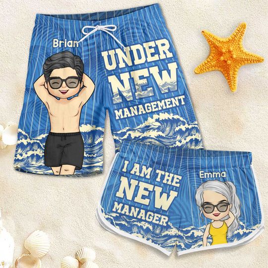 Under New Management - Personalized Couple Beach Shorts - Gift For Couples, Husband Wife