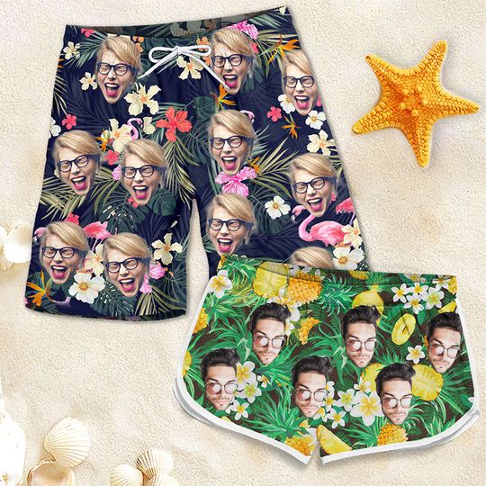 Custom Photo Tropical Island - Personalized Couple Beach Shorts - Gift For Couples, Husband Wife
