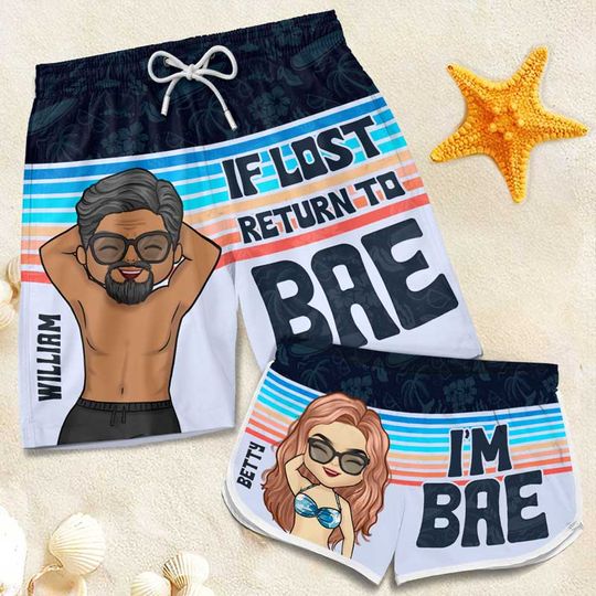 If Lost Return To Bae - Funny Personalized Custom Tropical Hawaiian Aloha Couple Beach Shorts - Summer Vacation Gift, Birthday Party Gift For Husband Wife