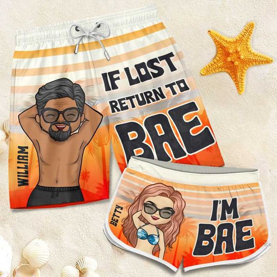 Return To Bae If Lost - Funny Personalized Custom Tropical Hawaiian Aloha Couple Beach Shorts - Summer Vacation Gift, Birthday Party Gift For Husband Wife