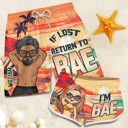 If Lost, Return To My Bae - Funny Personalized Custom Tropical Hawaiian Aloha Couple Beach Shorts - Summer Vacation Gift, Birthday Party Gift For Husband Wife