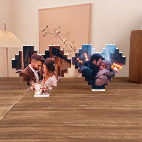 Custom Heart Photo Building Blocks with Stand - Personalized Valentine Gift for Couples, LEGO-Compatible 4K UV Printed Anniversary Keepsake