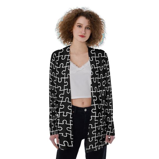 Black & White Puzzle Piece Pattern All-Over Print Women's Patch Pocket Thin Lightweight Cardigan