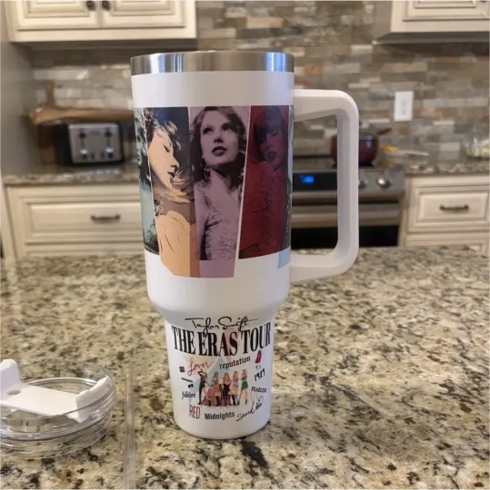 Discover Swift The Eras Tour Insulated White Tumbler with Handle, Lid, Straw