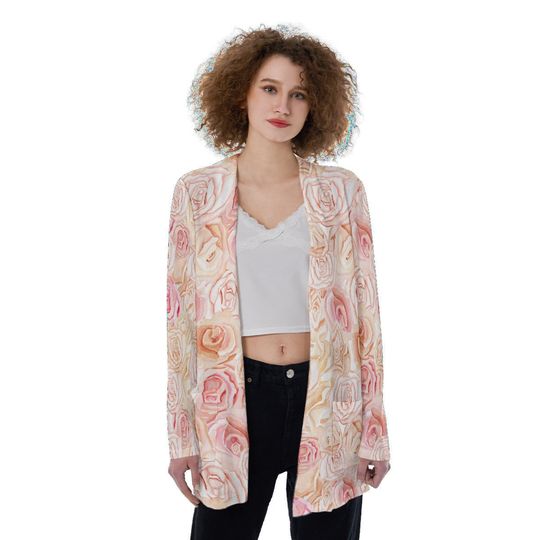 Soft Pink & Peachy Roses All-Over Print Women's Patch Pocket Cardigan