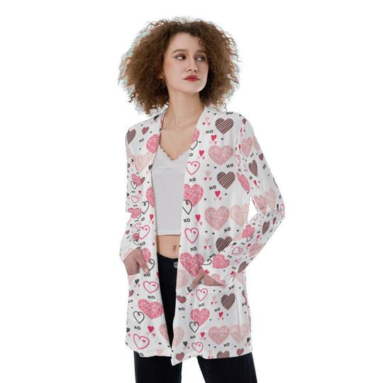XO's & Hearts Doodles | Pink and White | All-Over Print Women's Patch Pocket Cardigan