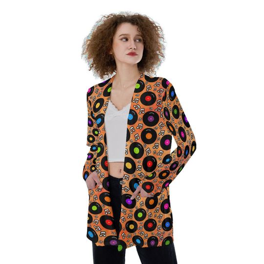 Rainbow Record Album Music Retro Pattern | Orange All-Over Print | Women's Patch Pocket Cardigan