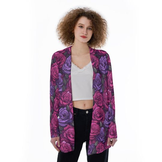 Deep Purple Floral Roses Pattern | All-Over Print Women's Ultra Patch Pocket Cardigan