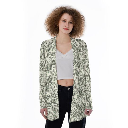Money Maker | 100 Dollar Bills | Money Manifesting | All-Over Print Women's Patch Pocket Ultra Thin Cardigan