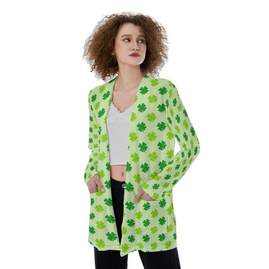 Get Lucky | Green Clovers All-Over Print Women's Patch Pocket Cardigan