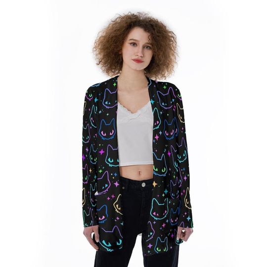 Neon Kitty All-Over Print Women's Patch Pocket Cardigan