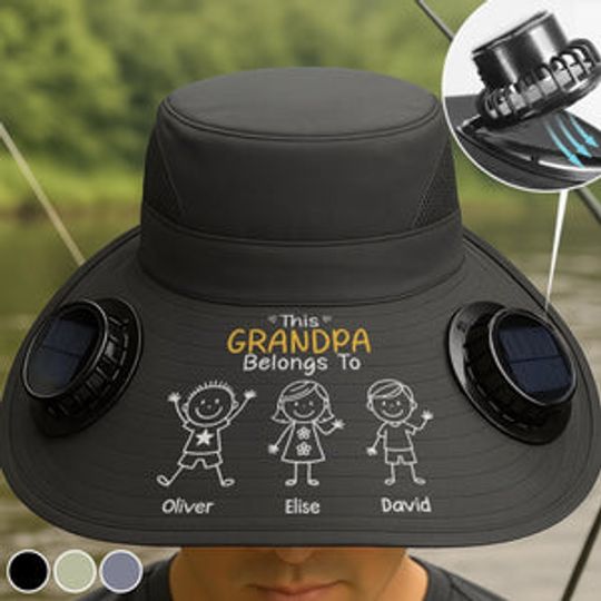 Custom Hat With Fans Solar Power - Personalized Birthday Fishing Gifts For Fisherman, Dad, Grandpa - Grandpa Belongs To Kids