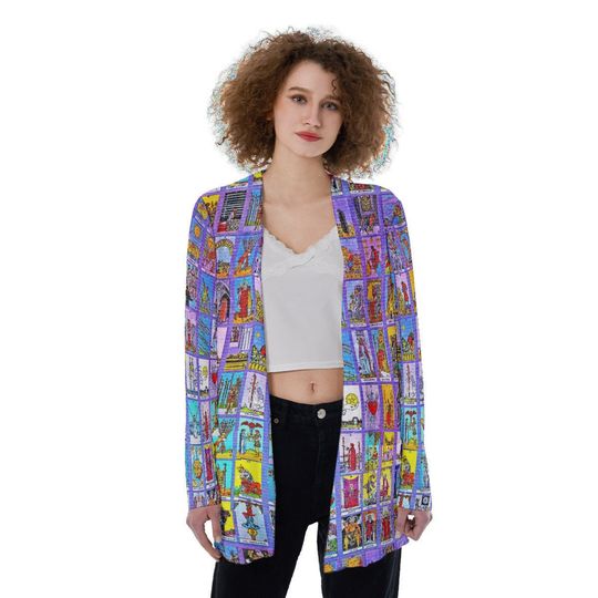 Tarot Cards Print | Astrology Magic | Spiritual Psychic Reader | Purple | Ultra thin | Women's Patch Pocket Cardigan