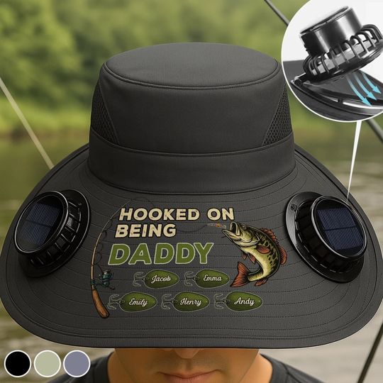 Custom Hat With Fans Solar Power - Personalized Birthday Fishing Gifts For Fisherman, Dad, Grandpa - Hooked On Being Daddy