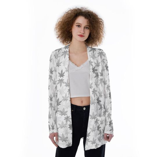 Marijuana Weed Leaf Print (Silver Gray) | Cannabis Hemp Dope | Sativa Indica Stoner Print |  Women's Ultra Thin Patch Pocket Cardigan