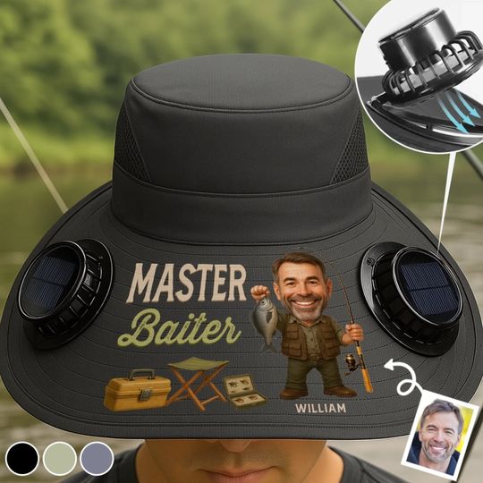Custom Photo Hat With Fans Solar Power - Personalized Birthday Fishing Gifts For Fisherman, Dad, Grandpa - Reel Legends Never Die