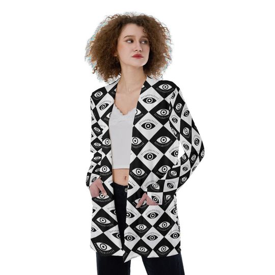 Evil Eye of Protection | Black & White Argyle All-Over Print Women's Patch Pocket Cardigan
