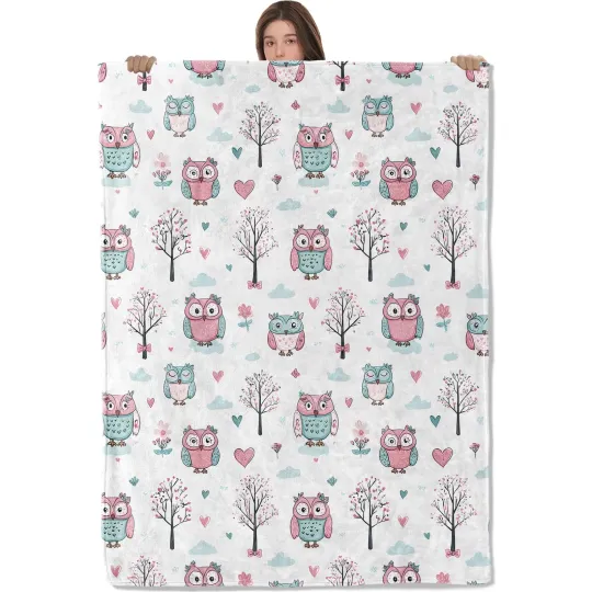 Discover Playful Owl Blanket,Cute Bird with Tree and Heart Fleece Blankets