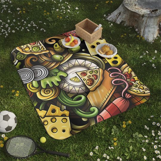 BellaStoria | Pizza Doodle Picnic Mat | Food Pattern Outdoor Mat , Cheese & Slice Design