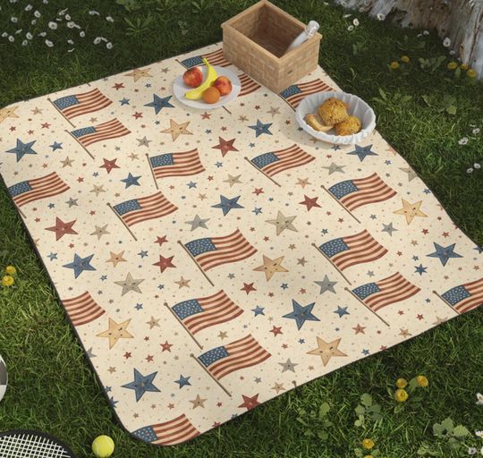 Vintage American Flag Stars Picnic Mat , Patriotic Soft Outdoor Mat