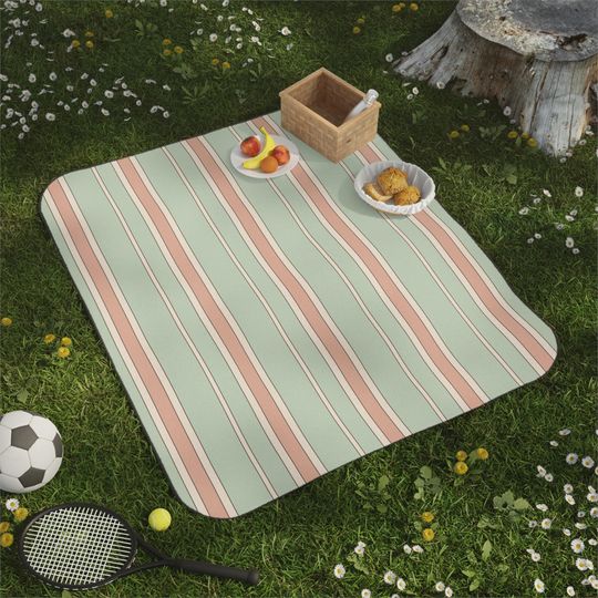 Cream, Apricot, Pistachio & Cocoa Ticking Stripe Picnic Mat , Park Beach Camping, Gift