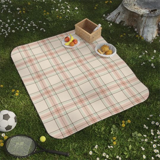 Cream, Apricot, Pistachio & Cocoa Plaid Picnic Mat, Classic Preppy Park Beach Camping Throw, Gift