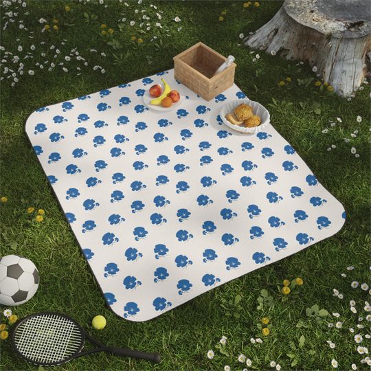 Blue, Gray & Ivory Coastal Floral Picnic Mat, Modern Botanical, Park Beach Camping Throw, Gift