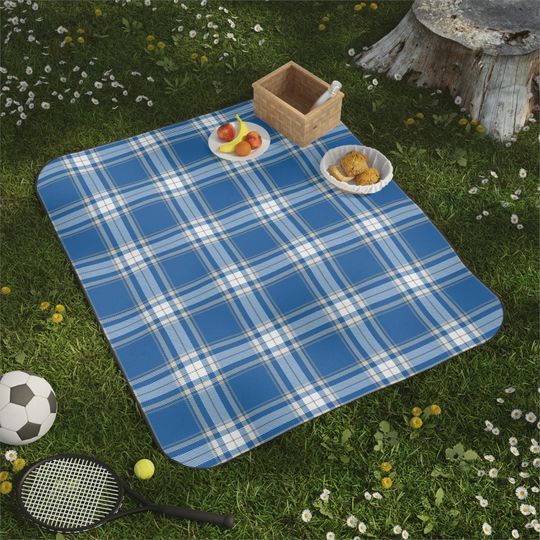Blue, Tan, Gray & White Plaid Picnic Mat, Modern Coastal Preppy Park, Beach, Camping, Gift