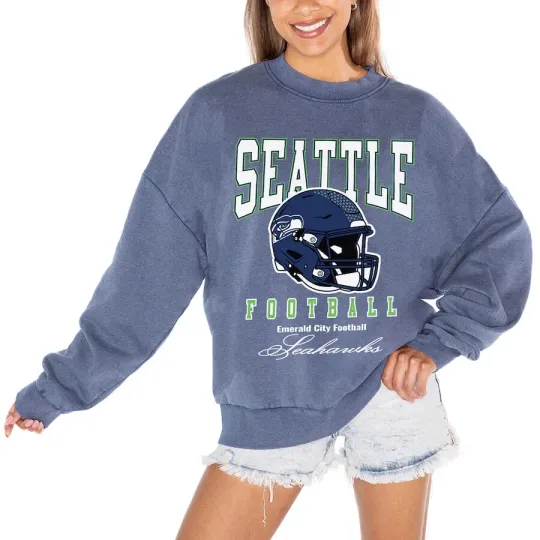 Discover Seattle Seahawks football Women's Blue Vintage Wash Oversized Pullover Sweatshirt