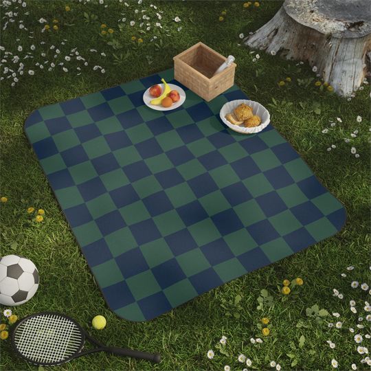 Navy & Green Checkerboard Picnic Mat, Outdoor Classic Academic Preppy Park Beach Concert Camping Mat, Tailgate Gift